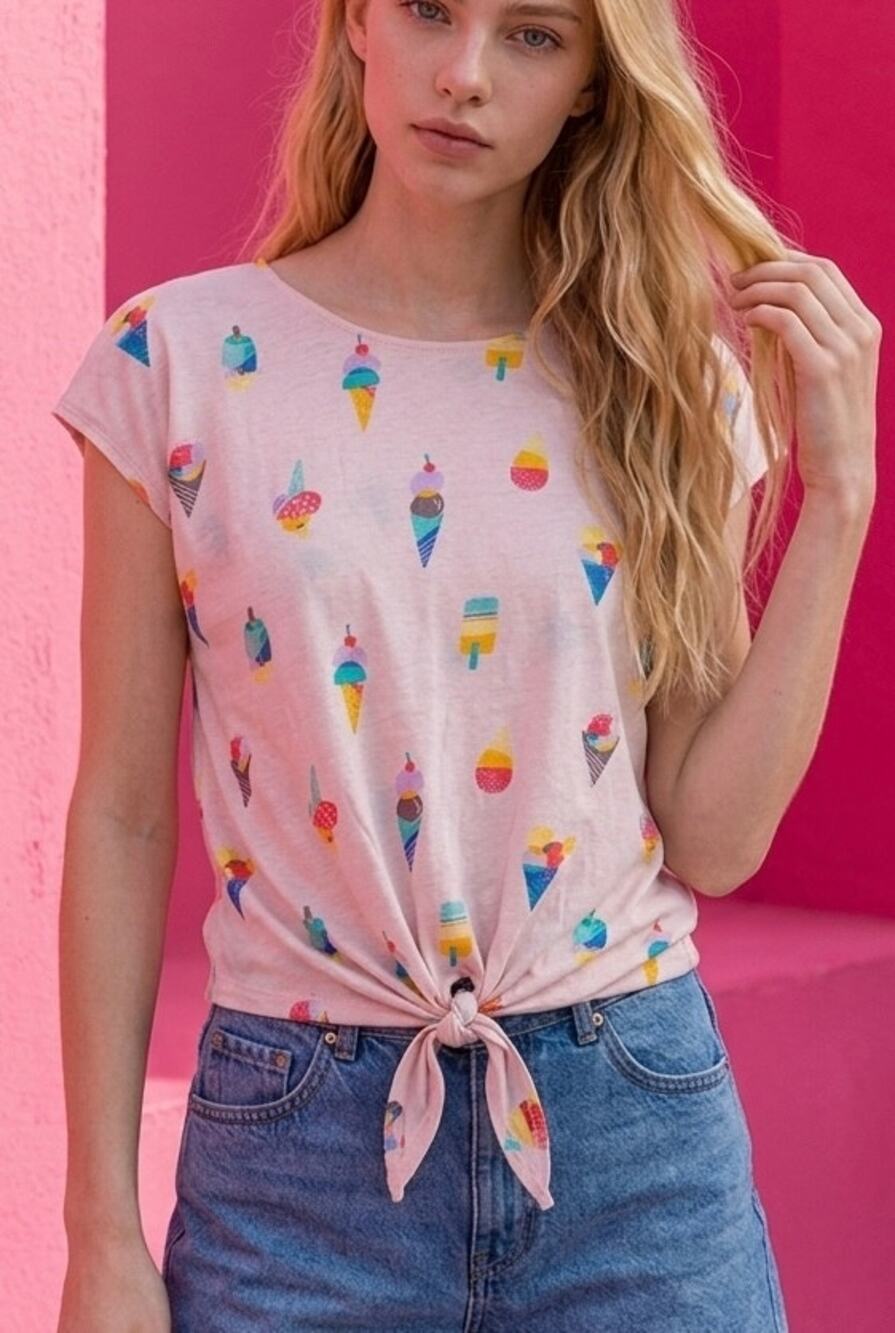 Ice Cream AOP Front Tie Cotton Top Girls Size L 12-14 Pink Made in India NWT